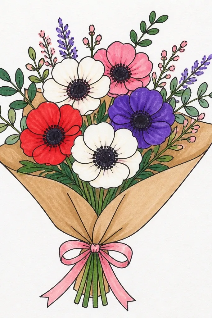 Anemone-like flowers with dark round centers and soft petals