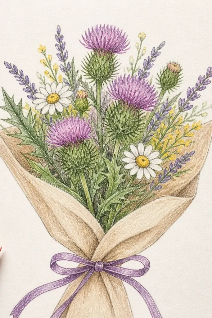 Thistle-like bouquet with spiky heads and soft purple accents