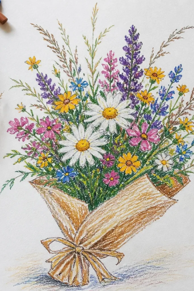 Low bouquet of daisies with wild grass blades across the bottom