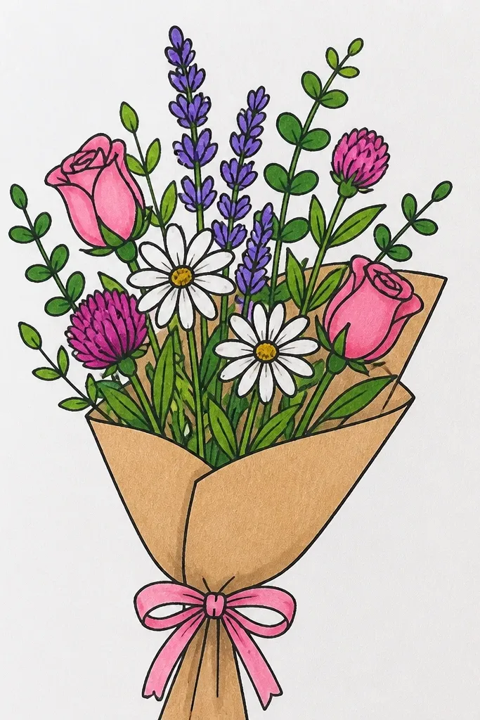 Rosebud bouquet with rounded thimble-like leaves and soft shading