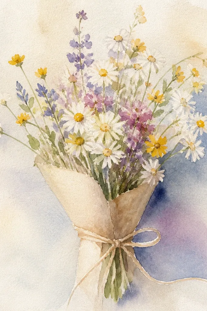 Daisies connected by winding ribbon-like stems