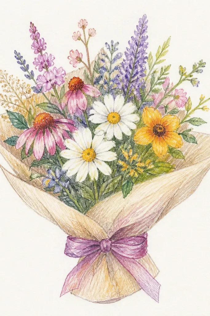 Pencil-drawn wild bouquet with soft wash color on petals