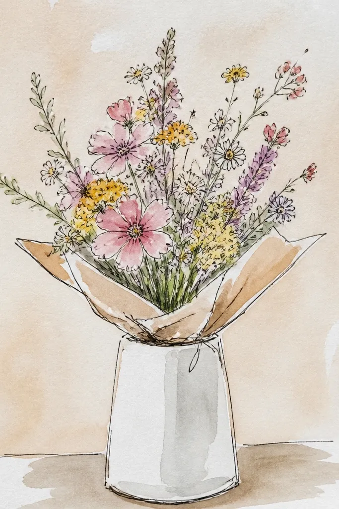 Small wild bouquet inside a simple vase outline frame