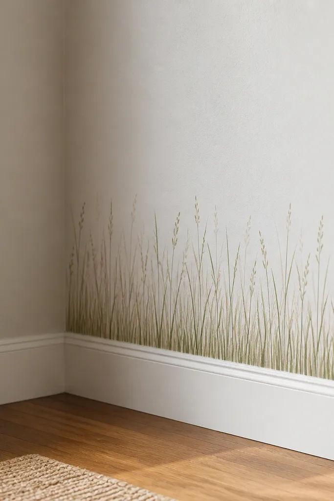 A small wall corner has a removable grass drawing strip about 10 inches tall. Painter's tape forms a clean rectangular border, and thin green and tan grass blades rise upward with a few tiny seed dots near the top.