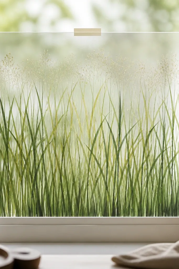 A window has a vertical acetate panel taped at the top. Grass blades are drawn in layered greens, and the top edge has a soft band of tiny feathery seed-head dots.