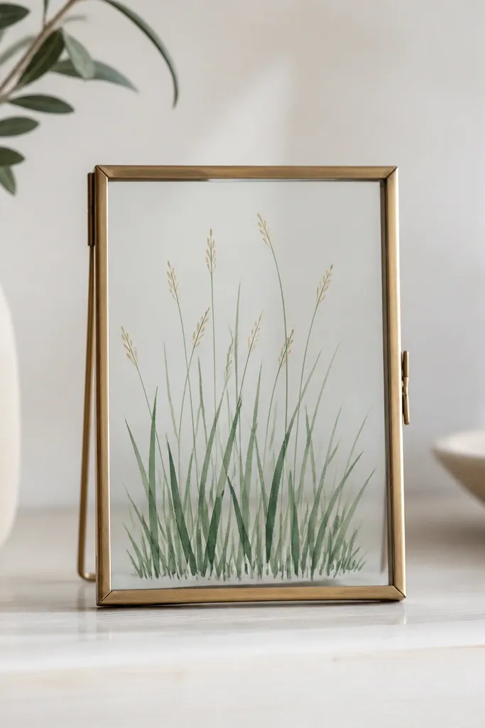 A small frame with clear glass shows grass blades drawn in green ink. The bottom has thicker blades, and the top thins out, with a few tan seed dots near the tips.