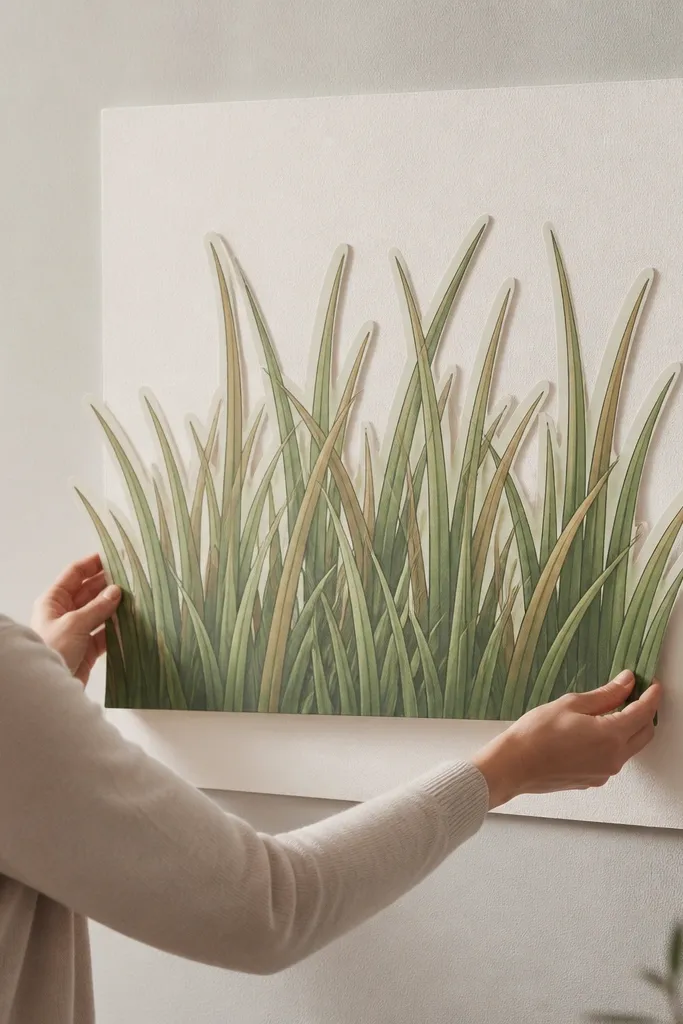 A foam board panel on a wall has a removable grass drawing. The edges show a clean border, and the blades are layered with green ink and tan shading.