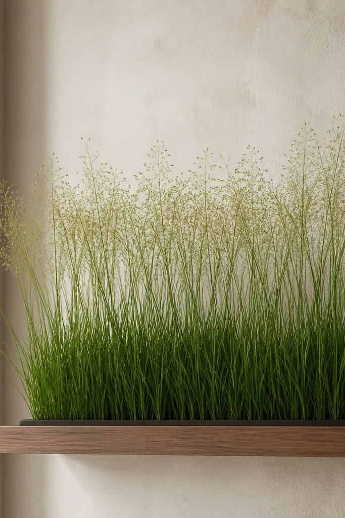 A narrow strip of grass decor sits on a small shelf. The bottom is dense with blades, and the top has a light, airy layer of seed-head dots.