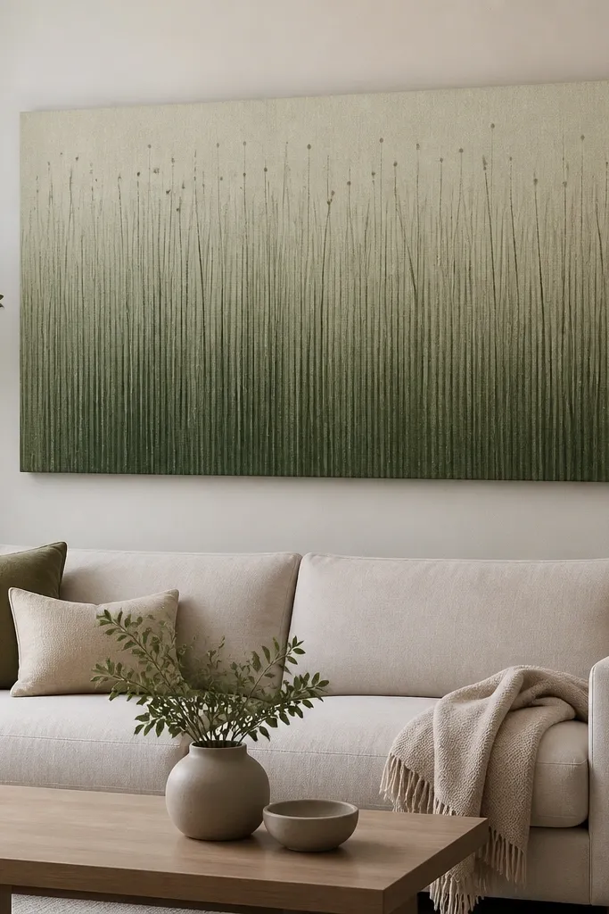 A rectangular wall panel shows grass blades with an ombré fade from deep green at the bottom to pale sage at the top. Seed dots are sparse and only near the top.