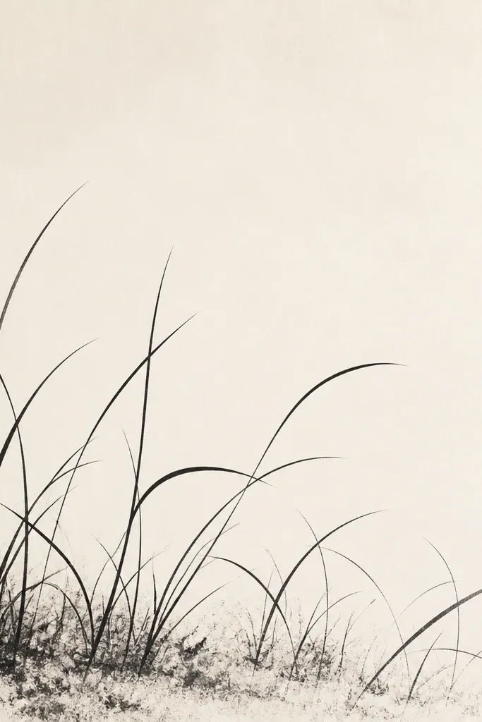 A minimalist black-on-cream grass drawing shows slender blades in black ink with a chalky, grainy texture on the lower area.
