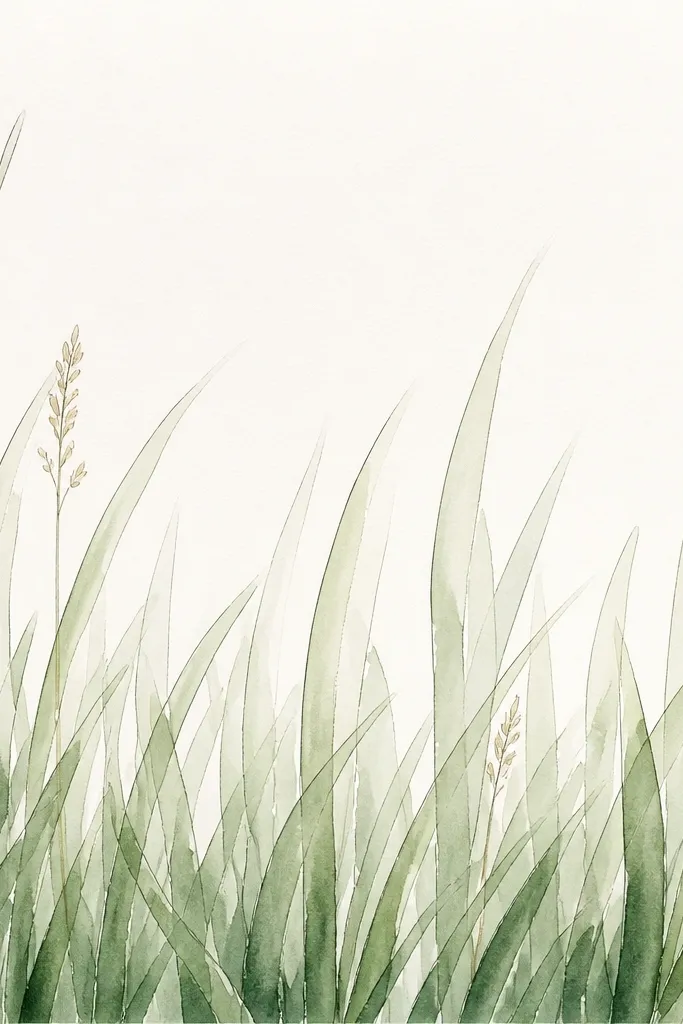 A watercolor grass drawing looks soft and airy. Each blade has one crisp outline line and a watercolor body that fades at the top.