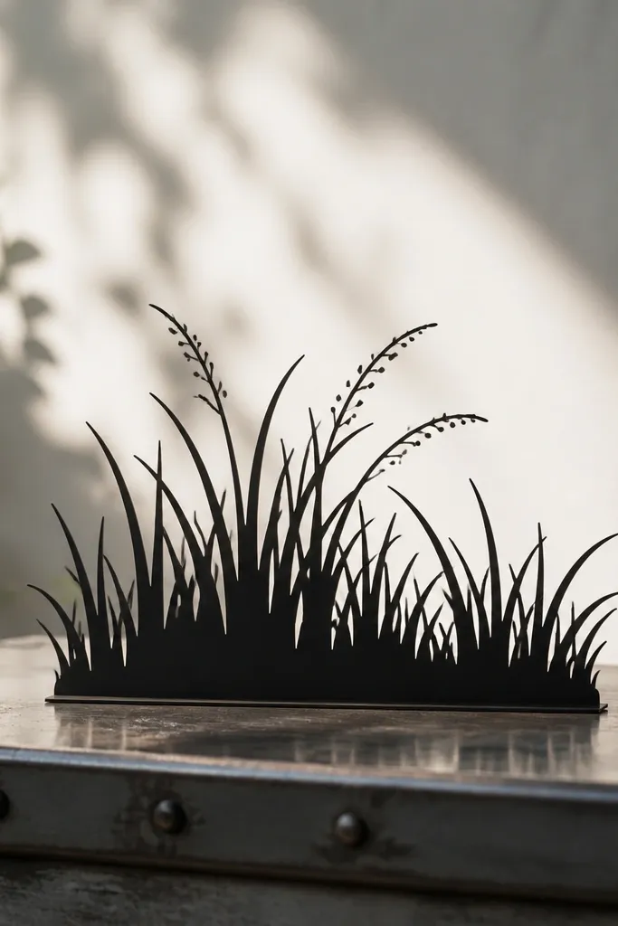 A black grass silhouette cutout sits on a metal surface. The blades are a single shape with a few lighter seed dot accents.