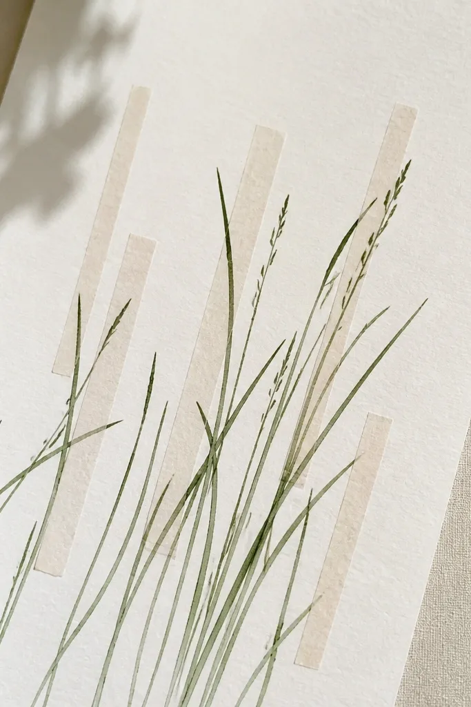 Grass blades are drawn in green ink, and a few vertical lines are made with thin washi tape strips behind or across the blades for texture.