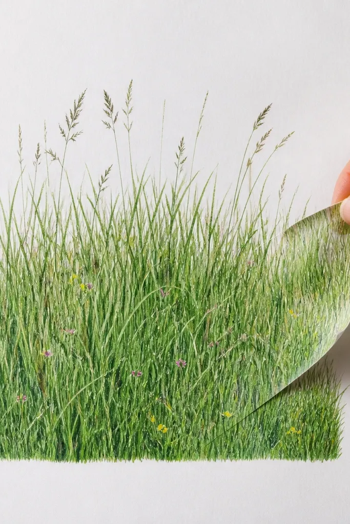 A removable grass drawing includes a few tiny wildflowers - small pink dots and yellow centers - mixed into the blades.