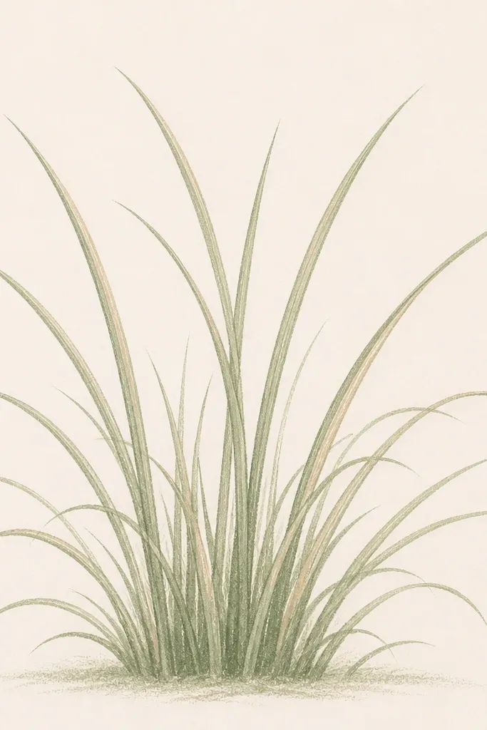 A grass drawing uses only sage green and one tan highlight ridge along each blade cluster. The rest is clean and minimal.