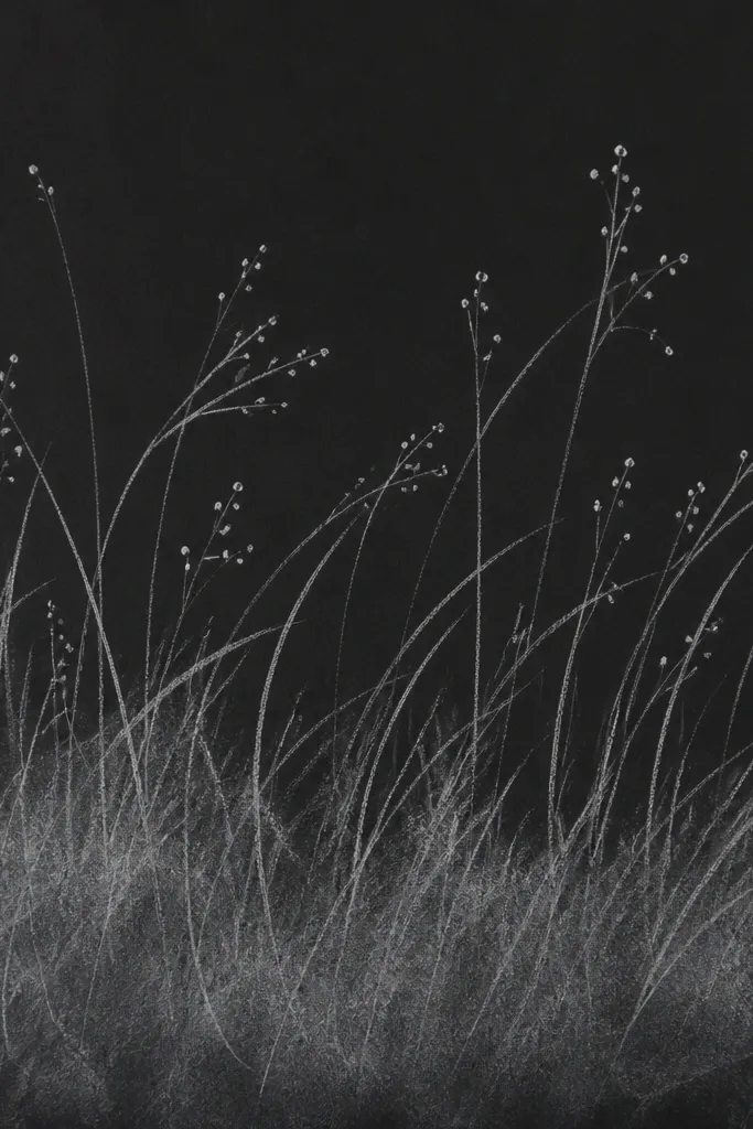 Black paper has white chalk-like grass blades. The base has a smudgy texture, and seed heads are small white dots.