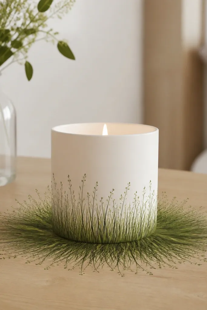 A removable grass drawing forms a halo around the base of a candle jar on a table. Blades radiate upward and outward with seed dots near the top.