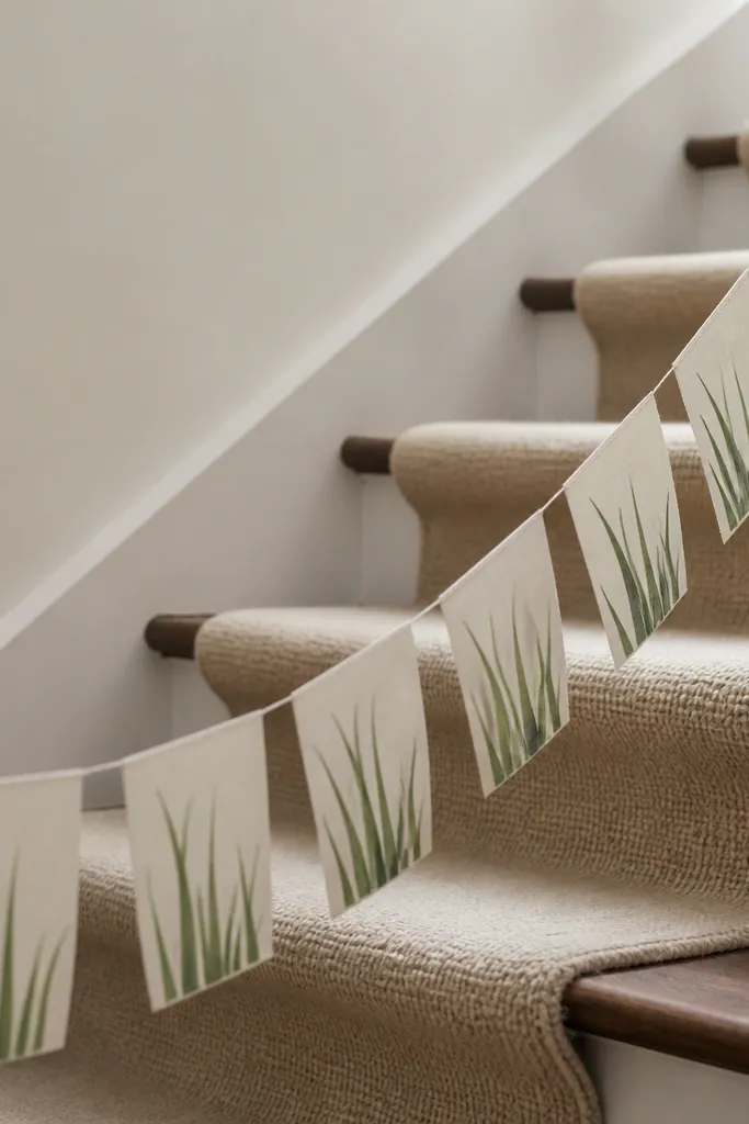 A paper garland has repeating grass blade drawings on small tabs. The blades hang in a gentle arc along a staircase runner.