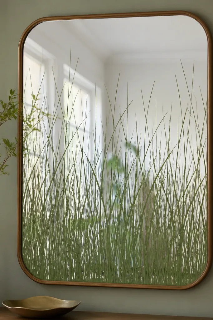 A mirror frame has a removable grass drawing liner inside the border. The blades fill the bottom half and thin toward the top.