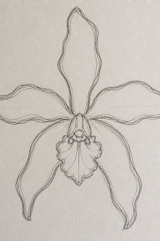 A hand-drawn wild orchid with a sharply defined outer petal outline in dark pencil, then a second lighter outline slightly inside it; the center lip is sketched with thin lines and faint vein marks.