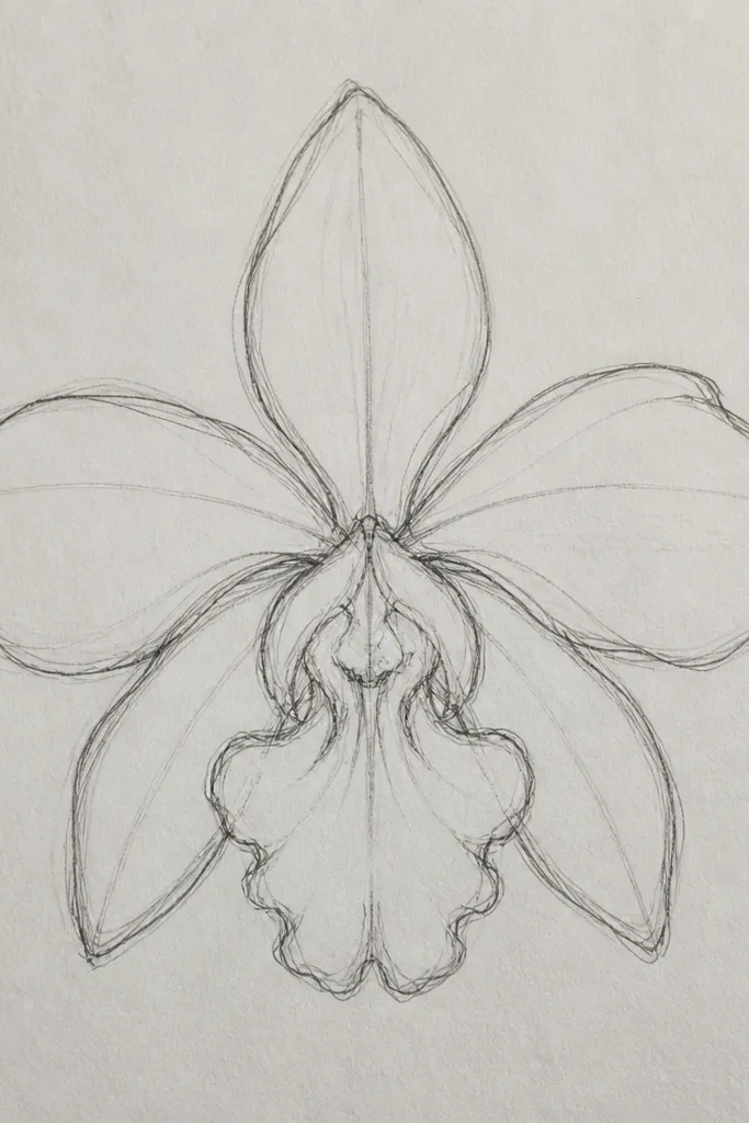 A wild orchid drawing focused on the center lip: the lip is shaded in two tones with a clear fold line, and the side petals are simplified into smooth arcs.