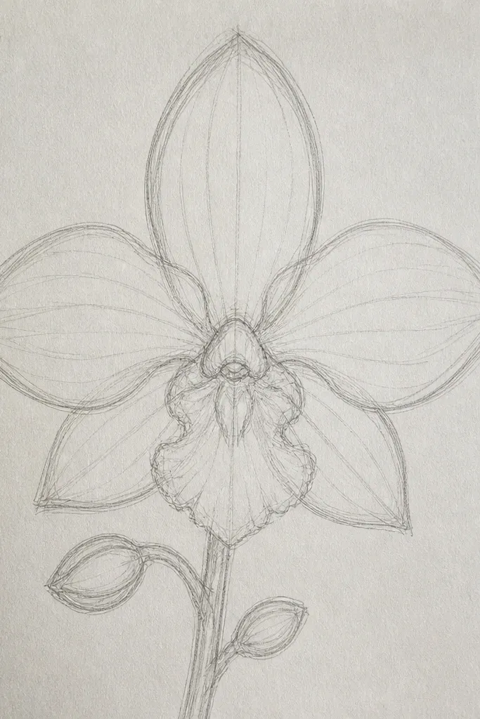 A pencil sketch where faint vein lines form a network across the petals, with the final darker outline drawn later; the veins are crisp near the center and fade outward.