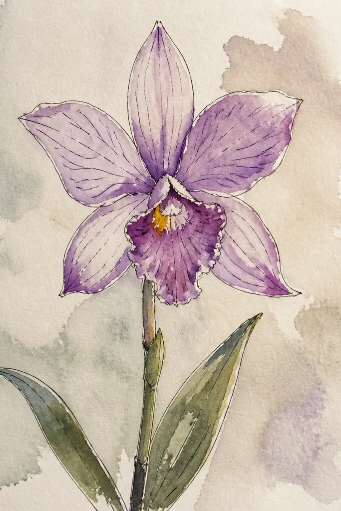 A watercolor orchid where the petals are translucent pink and lavender washes; lighter vein lines appear because pigment was lifted with a tissue, leaving soft white trails.