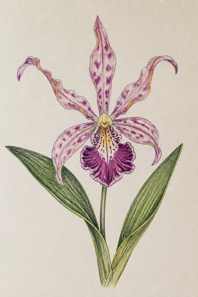 A black ink outline orchid with crisp line weight; inside the petals, pencil shading forms smooth gradients and the veins are lightly shaded rather than heavily inked.