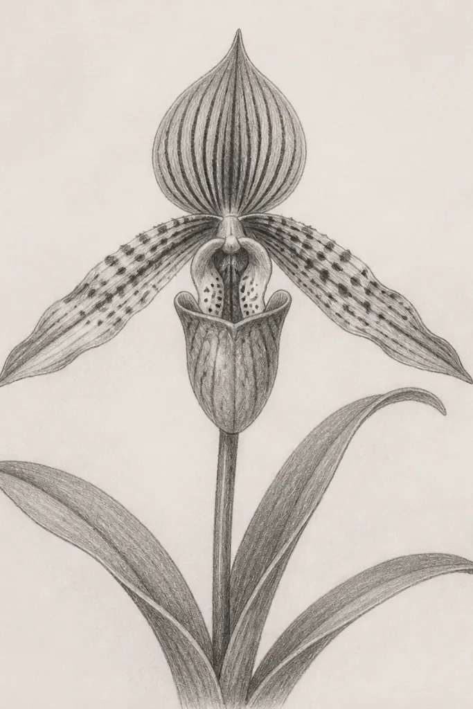 A graphite-only orchid where petals range from white highlights to deep charcoal-like shadows; veins are visible through subtle tonal changes.