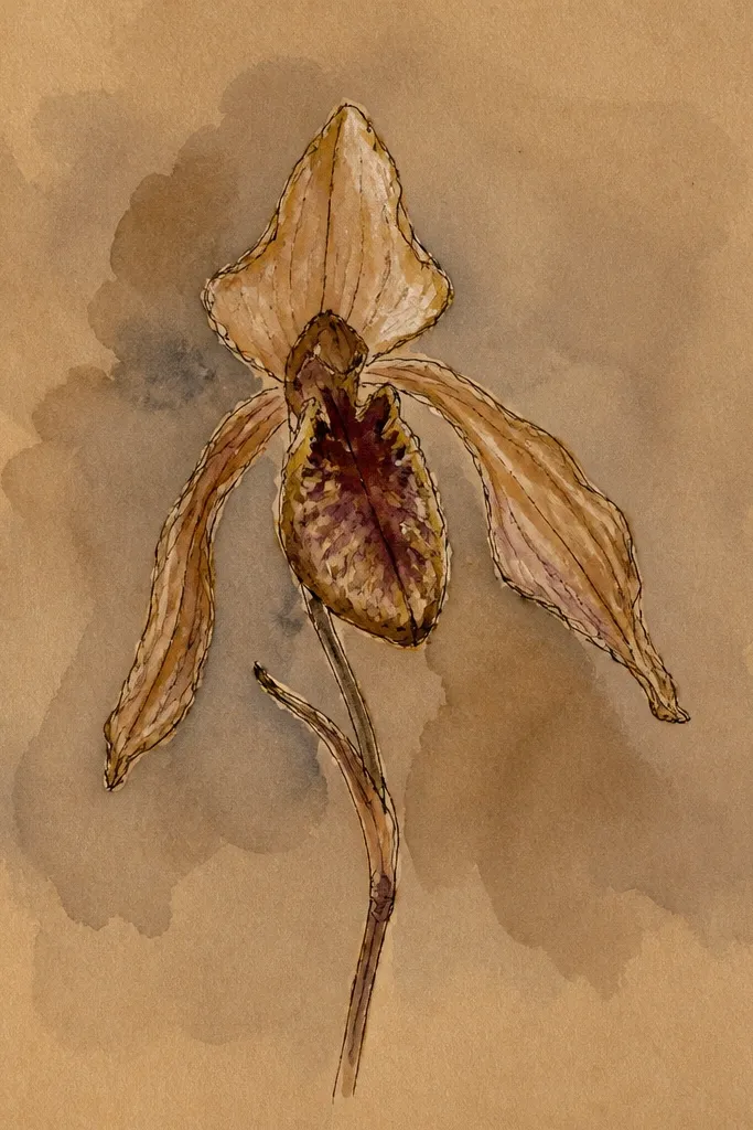 An orchid drawing on brown kraft paper using white gel pen highlights and muted colored pencil veins; the petals look sun-faded.