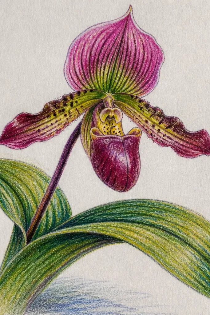 A wild orchid drawn as if it sits on a curved leaf; the leaf has a strong midrib and the orchid petals tilt to match the leaf's angle.
