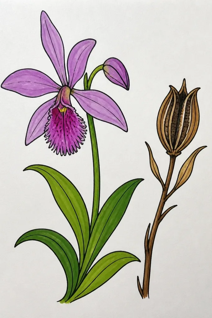 A wild orchid bloom paired with a small seed pod sketched in pencil and lightly shaded; the pod has segmented ridges and tiny dots.