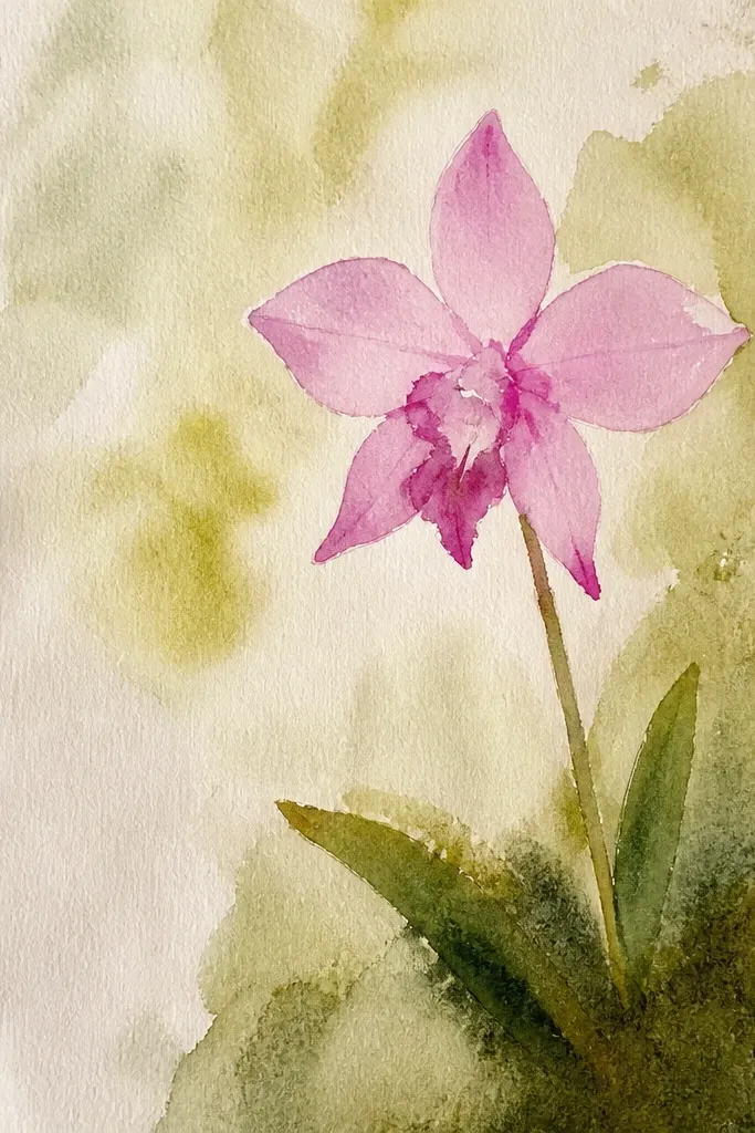 A wild orchid drawn over a mossy patch where the background is made of tiny stippled marks in green and gray, and the orchid petals are lighter and more defined.