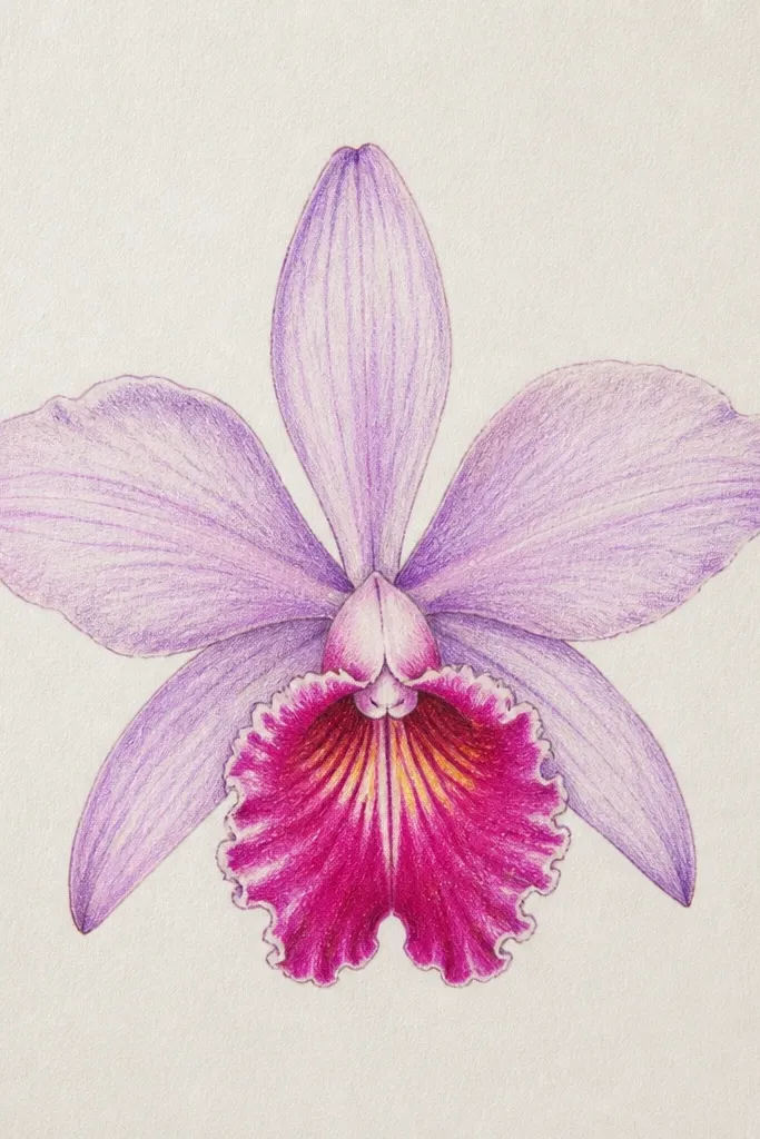 A color orchid where the central lip is hot pink with darker magenta shading along the fold, while the surrounding petals are soft lavender with pale highlights.