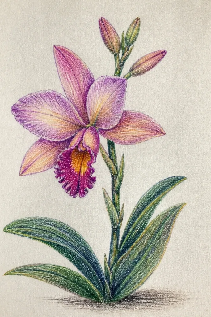 A pastel orchid drawn with chalk-like colored pencil or pastel powder; petals look matte with visible grain, and veins are drawn with lighter strokes.