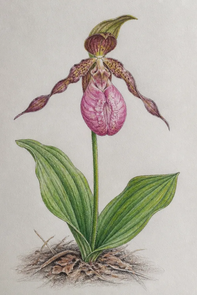 A graphite pencil orchid where petals are shaded in gray tones and white gel pen creates bright highlight lines along edges and veins.