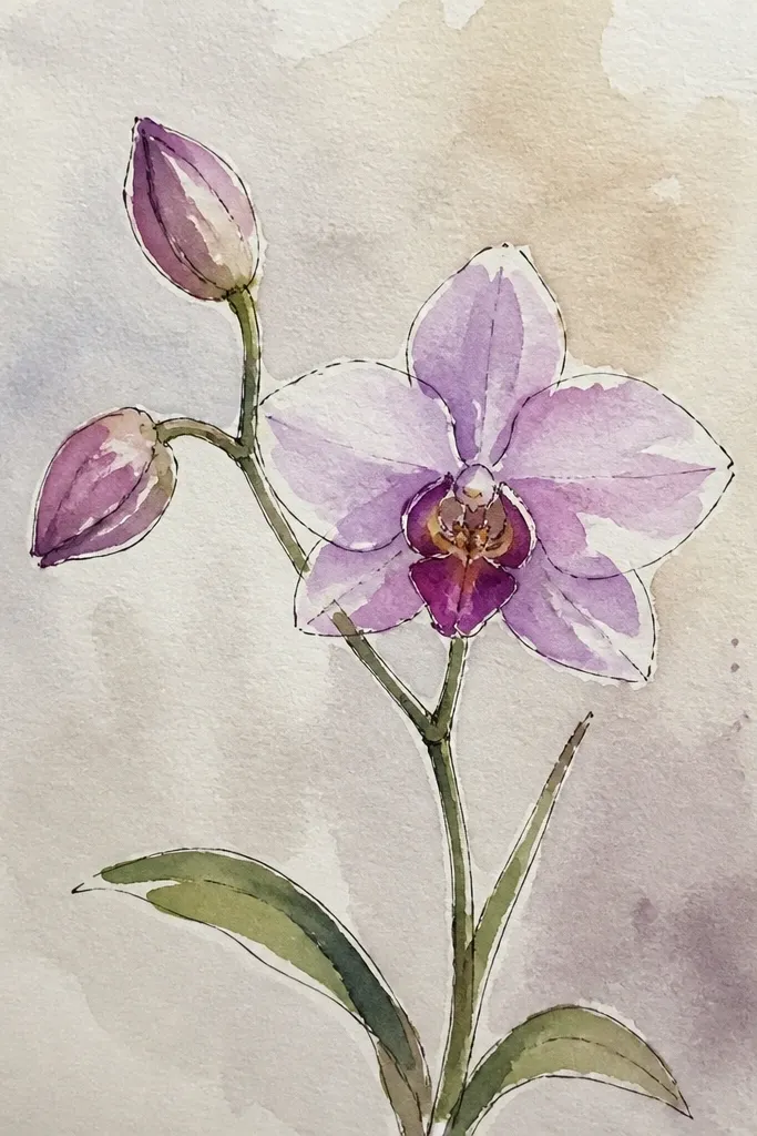 A page composition with one larger wild orchid bloom in the center and two smaller buds off to the sides, each with simplified petals and light vein hints.