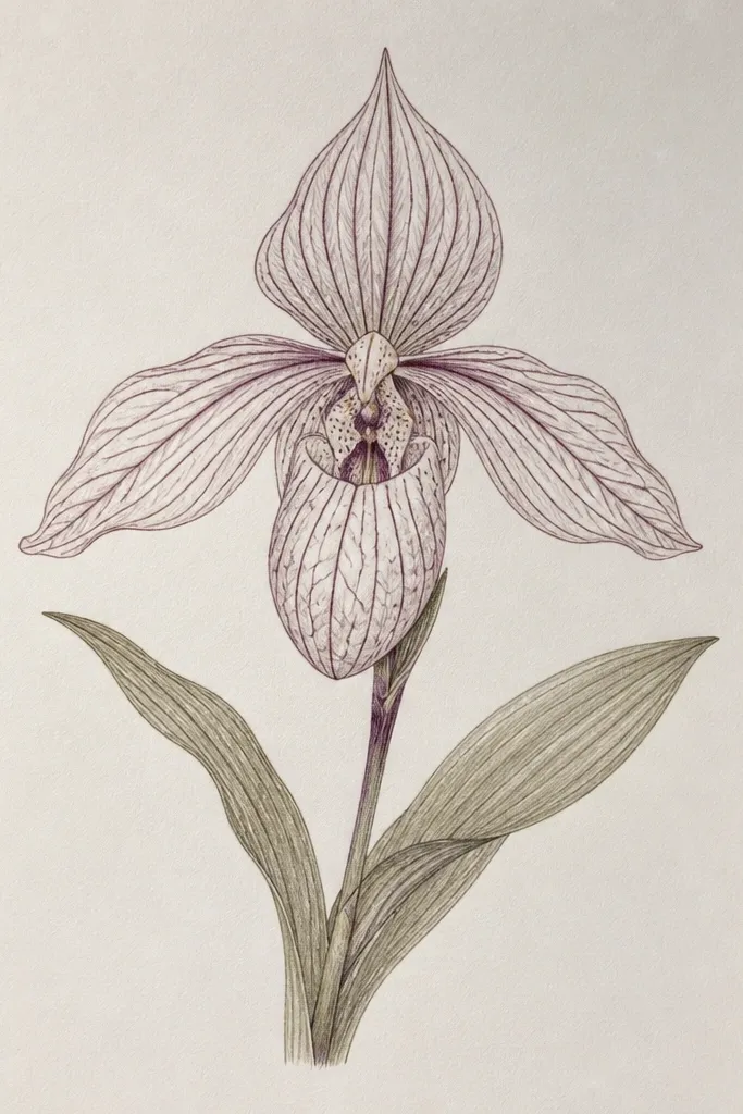 A line drawing orchid where petals are left mostly white, and only the vein pattern is inked; the central lip fold is shaded with a few gray pencil marks.