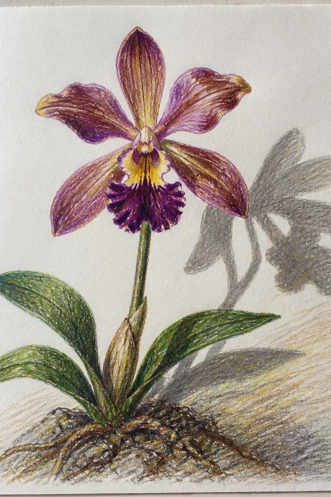 A wild orchid floating above a shaded oval ground shadow; the petals are lightly colored and the shadow is darker and blurred under the lip.
