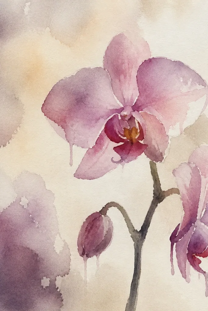 A watercolor orchid where the petal tips have controlled drip trails in deeper pink and purple; the central lip is detailed and the background stays light.