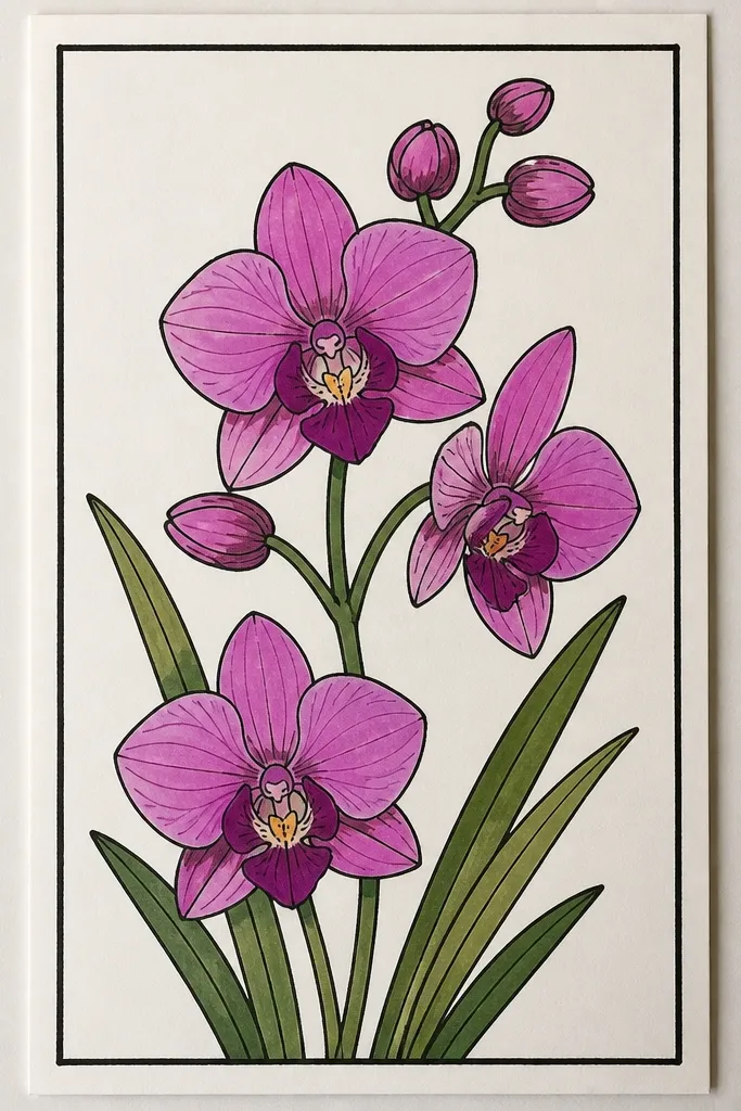 A card-sized orchid panel with the bloom cropped close, a thin border line around the paper, and a few small leaf stems framing the flower.