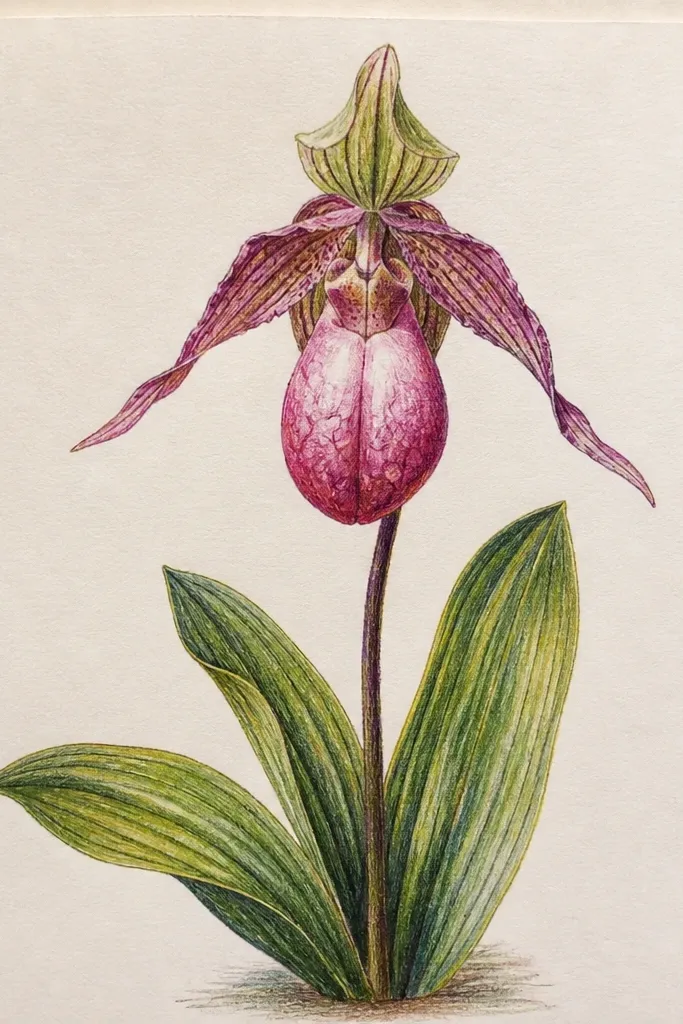 A colored pencil orchid where petals have smooth blends and sharp burnished highlight edges that look glossy even though it's pencil only.
