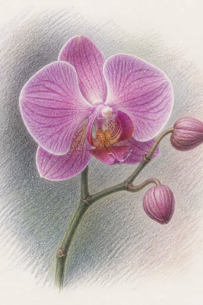 A wild orchid with buds where shadows are built from cross-hatching lines; the petals are mostly light with crisp inked outlines.