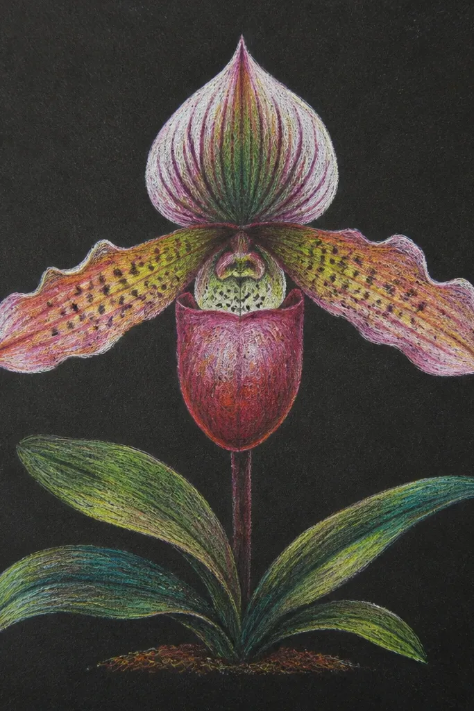 A wild orchid drawn on black paper using light chalk pencils and white gel highlights; petals glow with pale lavender and icy pink.