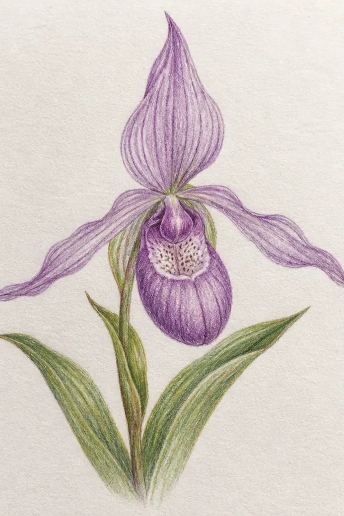 A watercolor orchid with a faint grid over the reference and the final drawing; the petals are proportioned cleanly and veins are placed symmetrically.