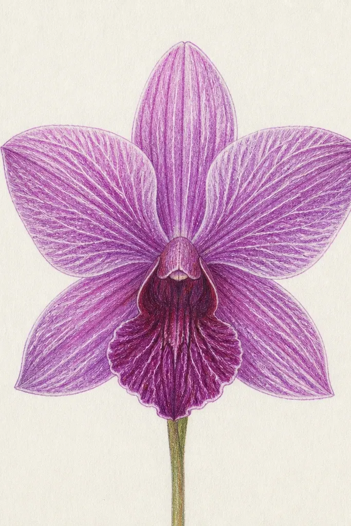 A colored orchid where veins are drawn in white ink on top of pink and purple washes; the veins pop sharply against the petals.