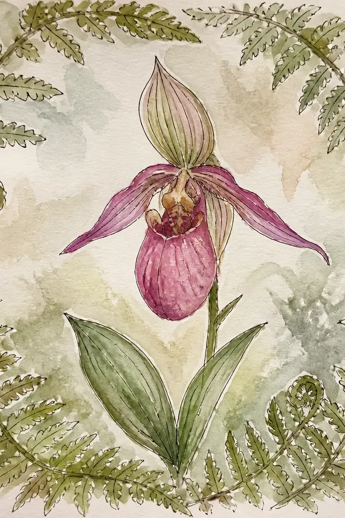 A wild orchid centered inside a loose fern leaf frame; the fern has repeating frond lines and the orchid petals are more detailed and shaded.