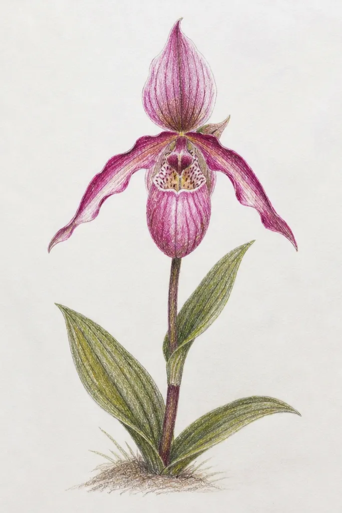 A wild orchid with controlled smudged gradients in the petals; veins remain sharp and visible, and the lip shadow is darker without turning gray.