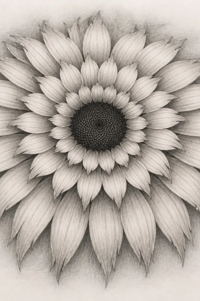 A sunflower mandala where the center is a tight dark circle. Petals form three concentric rings, and each petal tilts downward like it's leaning toward the bottom edge. The outer petals look slightly frayed at the tips with lighter pencil shading behind them.