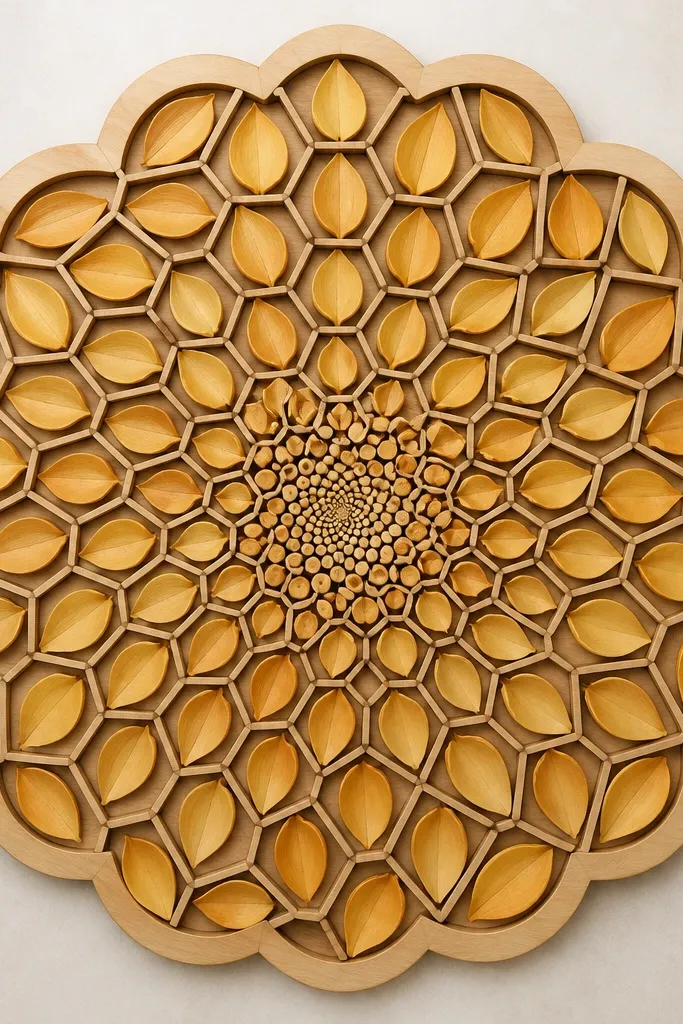 A mandala built from a honeycomb pattern of hexagons. Inside each hexagon sits a small sunflower petal shape, and the petals tilt downward unevenly. The center has a dense dot spiral, and the outer edge has a scalloped hex-border frame.